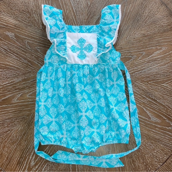 Smocked Sweets Other - Smocked Sweets 2T Bubble Romper Turquoise Blue White Embroidered Cross